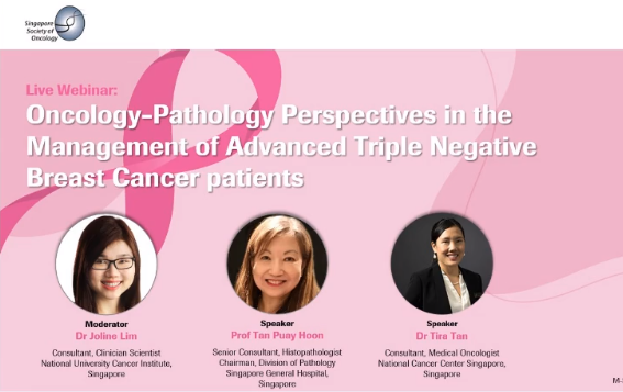 Screenshot showing the title page of the Oncology-Pathology Perspectives in the management of advanced triple negative breast cancer patients webinar